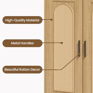 Patikuin Rattan Sideboard Buffet Cabinet, 4 Doors Accent Storage Cabinet, Console Table Coffee Bar with Power Outlet, Adjustable Shelves for Kitchen, Dining Room, Hallway, Living Room, Natural