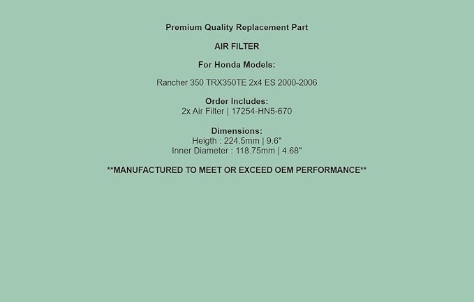 Replacement Air Filter Cleaner For Honda Rancher 350 TRX350TE 2x4 ES 2000-2006