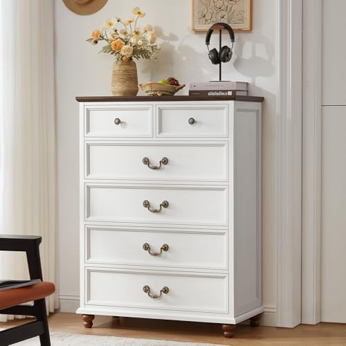 Joaxswe Farmhouse 6 Drawer Dresser Set of 2 for Bedroom, 42" Tall Rustic Chests of Drawers w/ 4 Solid Wood Feet, Mid Century Vintage Wooden Closet Storage Dressers Organizer for Living Room,White