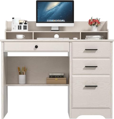 White Home Office Desk with 4 Drawers & Hutch, Computer Table for Bedroom, Off-White