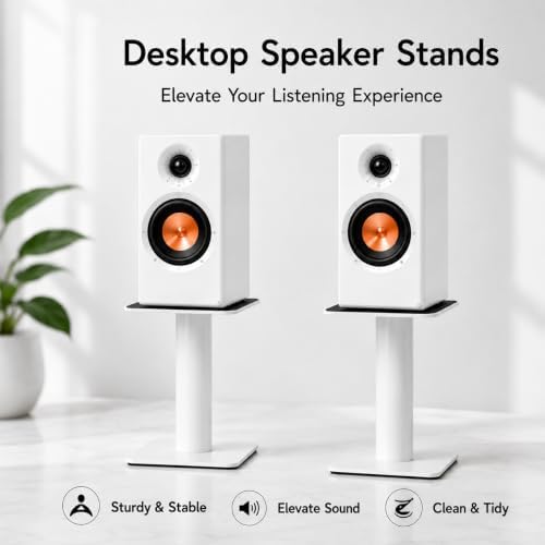Desktop Speaker Stands Pair for 5-8 Inch Studio Monitors & Bookshelf Speakers, Heavy-Duty Steel desk Speaker Stands with Built-In Cable Management for Home Studio & Creator Setups, Support up to 55lbs