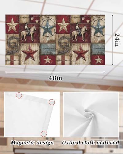 1 PCS Fluorescent Light Covers - Farmhouse Western Cowboy Vintage Wood Magnetic Light Filters for Ceiling Light,Rustic Stars Horse Light Shade Panel for Office Classroom Home Decor,4 x 2 Feet