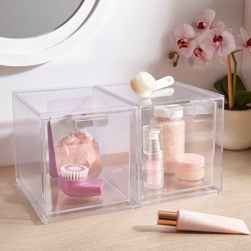 STORi Audrey Stackable Bin Clear Plastic Organizer Drawers | 2 Piece Set | Organize Cosmetics and Beauty Supplies on a Vanity | Made in USA