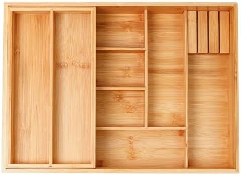 COIWAI Two tier Bamboo kitchen Drawer Organizer Cutlery Utensil Silverware Organizer Tray for Drawer, double layer Holder Drawer Dividers for Flatware (L: 16.85 × 12.2 in)