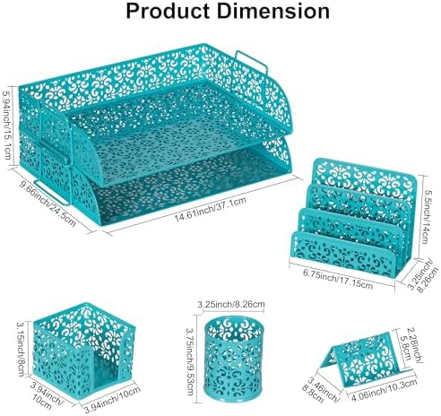EasyPAG Desk Organizers and Accessories 5 Pieces Office Supplies Set - 2 Tier Paper Tray, Pencil Organizer for Desk, Mail Sorter Countertop, Business Card Holder and Sticky Note Holder, Dark Teal