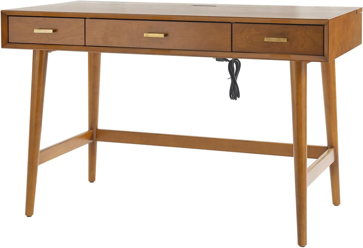 HULALA HOME 47" Writing Desk with 3 Drawers, Wood Office Desk with USB Charging Staion, Vintage Office Desk with Cable Management(Acorn)