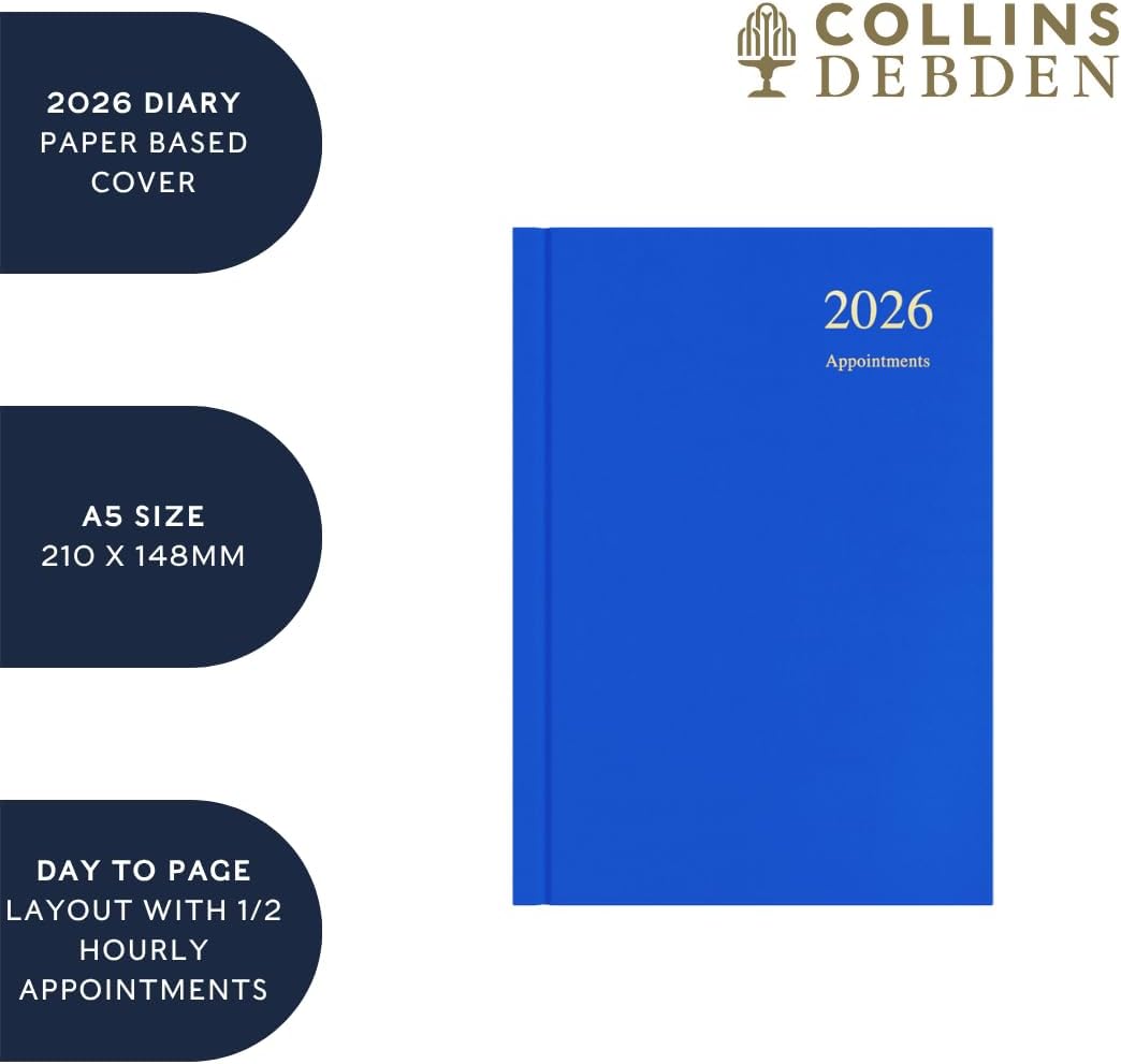 Collins - Essential - 2026 12 Month Calendar Year Planner, Day-To-Page with 1/2 Hourly Appointments Diary, A5 Hard Cover - Blue (ESSA51A.60-26)