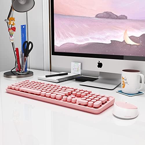 Kootop Wireless Keyboard Mouse, Cute 104 Keys Typewriter Pink White