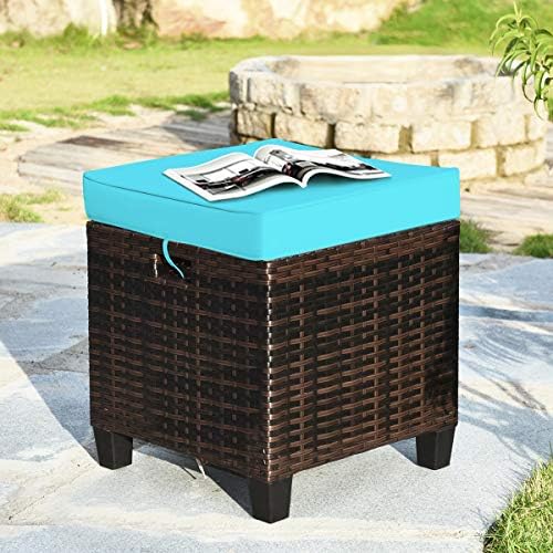 Patio Ottoman Outdoor Rattan Wicker Ottoman Seat, 2 Pieces All Weather Footstool Footrest Seat with Removable Cushions, Outdoor Ottoman Set for Patio, Porch, Poolside (Turquoise)