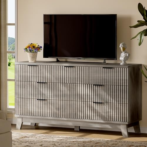 Xixini Fluted Dresser with 7 Drawers, 58" Wide Modern Chest of Drawers with Metal Handle, Wooden Dresser TV Stand, Wood Closet Clothes Storage Organizer for Bedroom, Living Room, Hallway, Light Grey