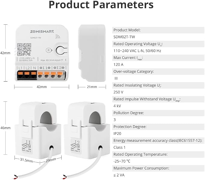 Smart Home Energy Monitor with 2 x 120A CTs, Live Electricity Usage Tracking