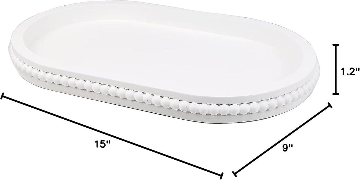 Hrastany White Oval Wood Coffee Table Serving Tray with Beads for Ottoman