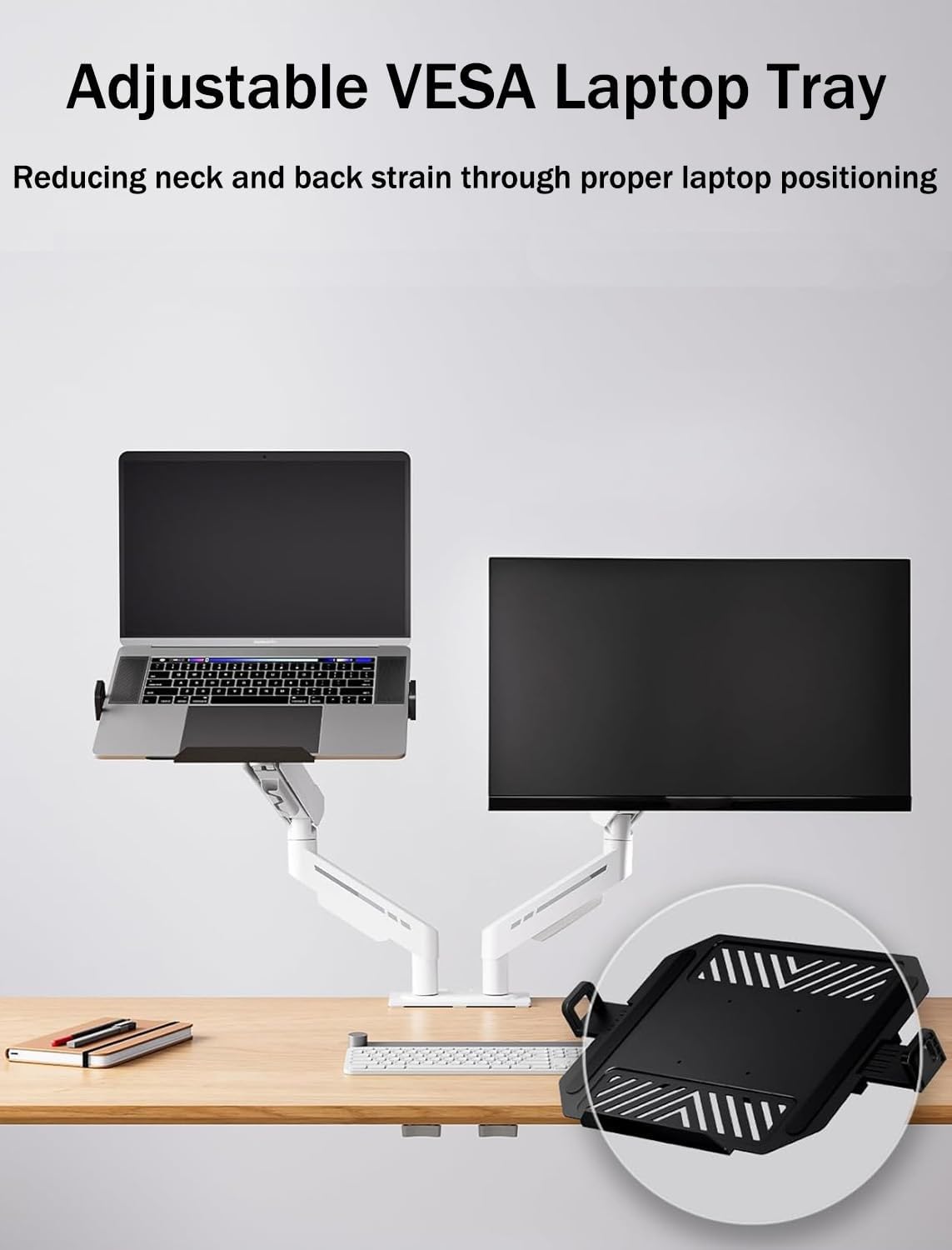THERAK Adjustable Laptop Tray for Monitor Arm - VESA Laptop Mount Tray Holder 11"-18",Ventilated Steel Notebook Holder for Monitor Stands,VESA 75x75/100x100 Office/Studio/Gaming