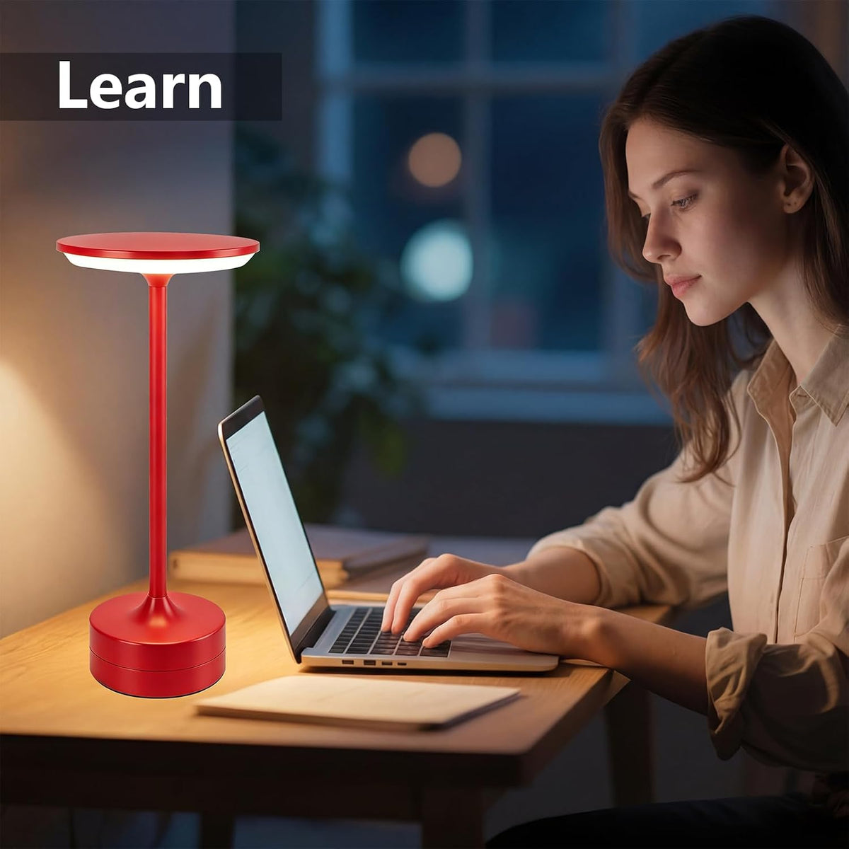 Small Table Lamp, Portable Metal Table Lamp, Cordless Rechargeable Table Lamp , 3 Color Stepless Dimmable Atmosphere Table Lamps for Patio, Camping, Coffee table decor lamp for Indoor/Outdoo(Red)