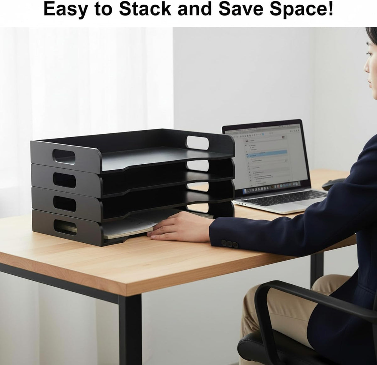 Yinkin Wooden Stackable Paper Trays 4-tier Wooden Paper Organizer for Desk Letter Documents Woodens Desktop File Organizers for Desktop File Holder and Office Supplies Rack for Home Office Use (Black)