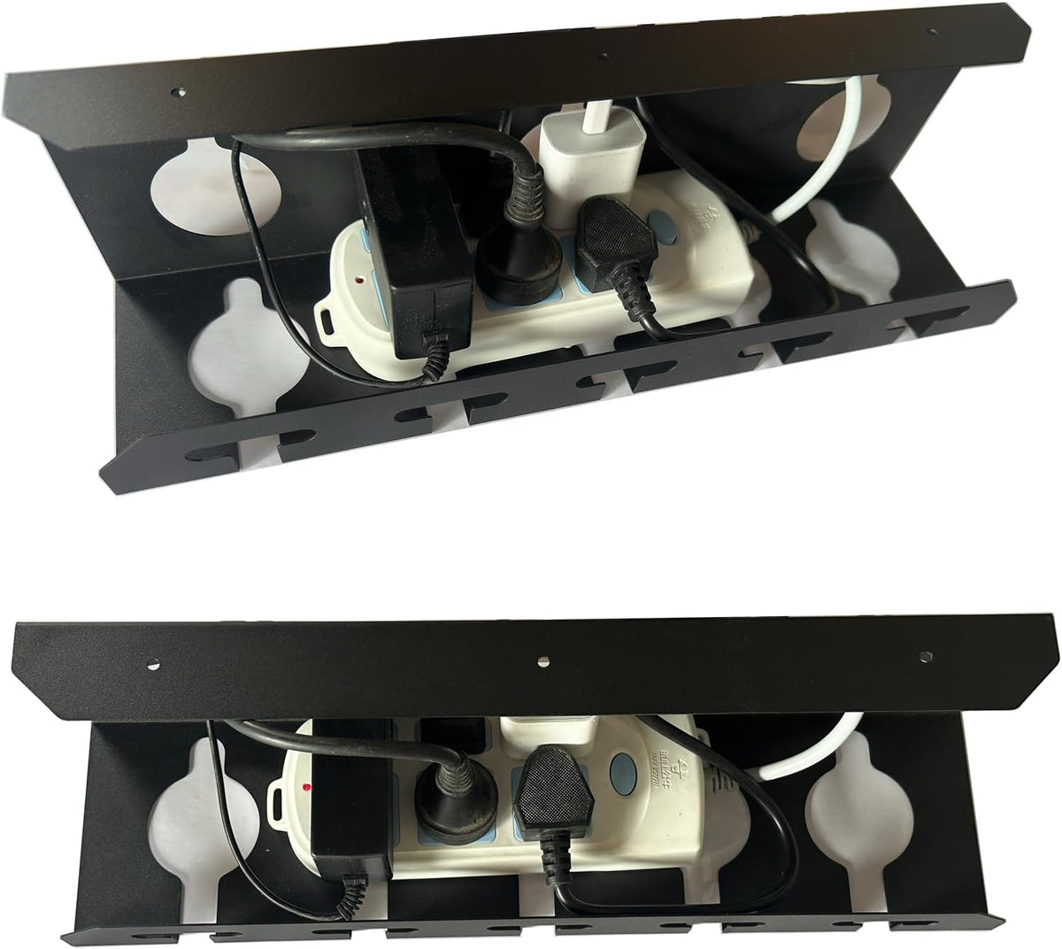 Desk Cable Management, U-Channel Cord Box, Metal Under Cable Management Tray, Office Under Organizers with Hat Racks(White, 2pcs Cord Organizer Box + 2pcs Special Hooks)