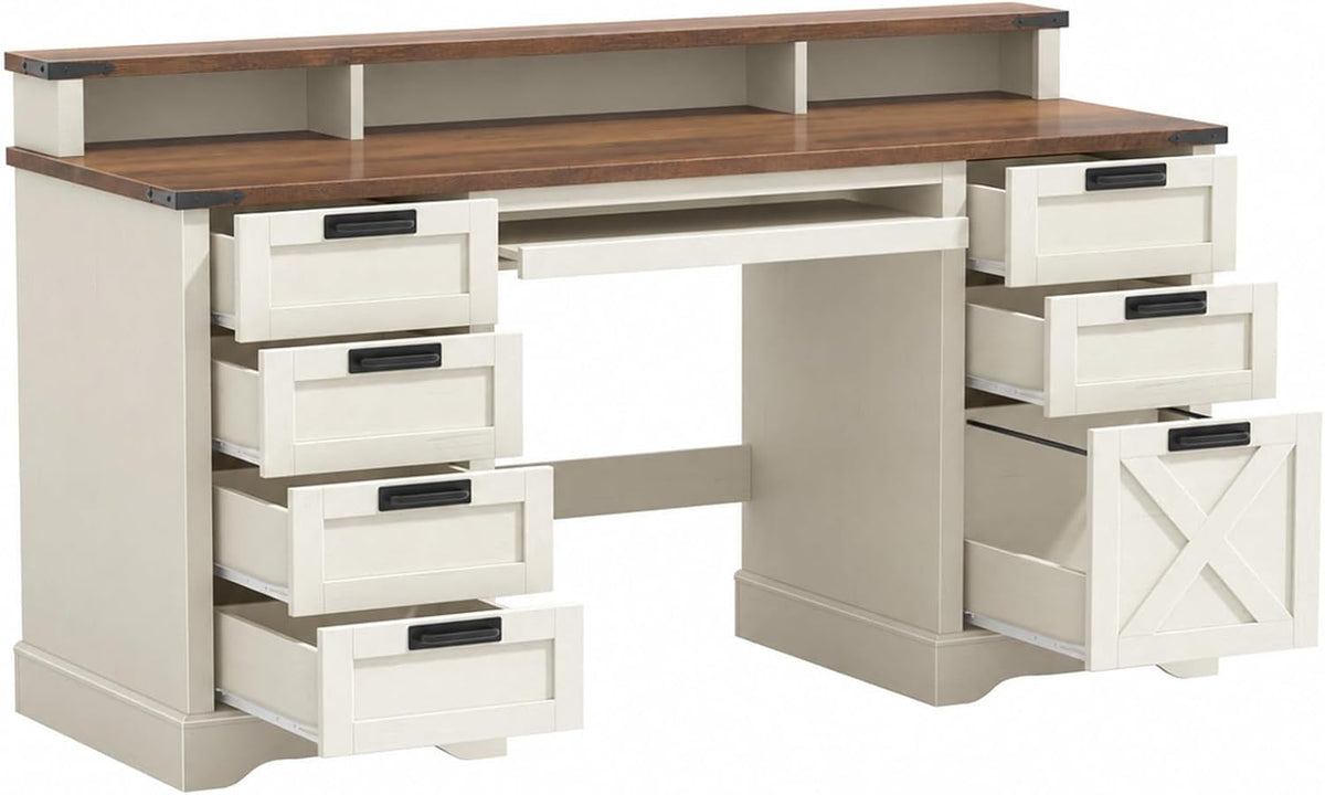 Halitaa 60" Farmhouse Executive Desk with 8 Drawers, Rustic White and Brown