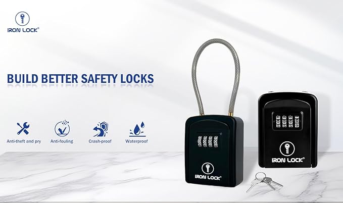 Iron Lock® Key Lock Box Portable with Cable Shackle – Small Waterproof Heavy-Duty Metal Safe with 4-Digit Combination for Spare Keys Outside on Door Knob, Fence, Pipe or Gate (Black, Small)
