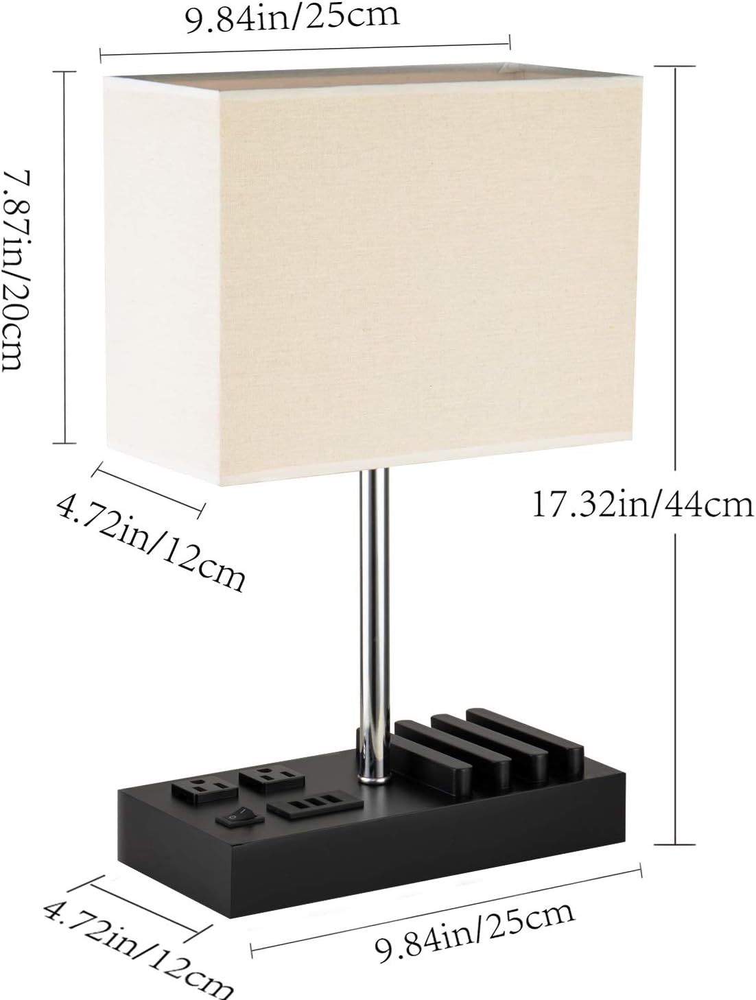 Briever USB Table Lamp, Multi-Functional Desk Lamp with 2 AC Outlets, Bedside Lamp with 3 USB Charging Ports and Wooden Phone Stands, Nightstand Lamp for Bedroom, Livingroom, Office, Linen Shade