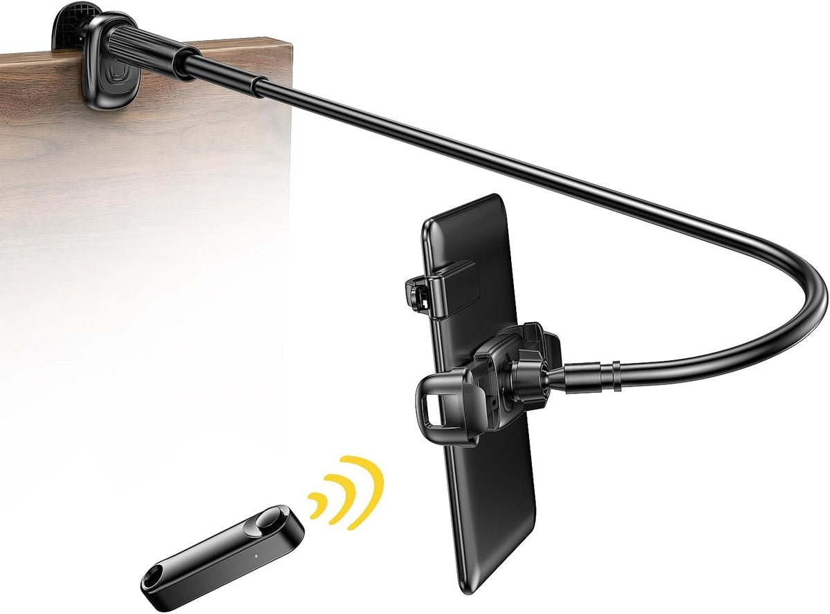Gooseneck Kindle & Phone Holder with Page Turner Remote for Bed: Flexible Long Arm Clamp Mount for Hands-Free Reading, Bedside Desk Headboard Stand for 4.7–8.6" Devices