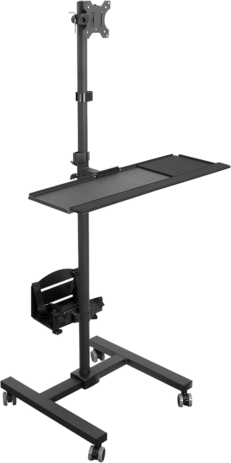 Mount-It! Rolling Computer Cart on Wheels, Mobile Desk Workstation with Monitor Mount for up to 32" Screen, Full Keyboard Tray, Floating Adjustable CPU Holder, Standing up to 70" Tall