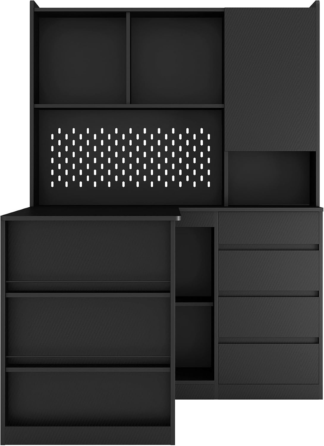 Mid-Century Office Corner Computer Desk with Bookshelf and LED, Black