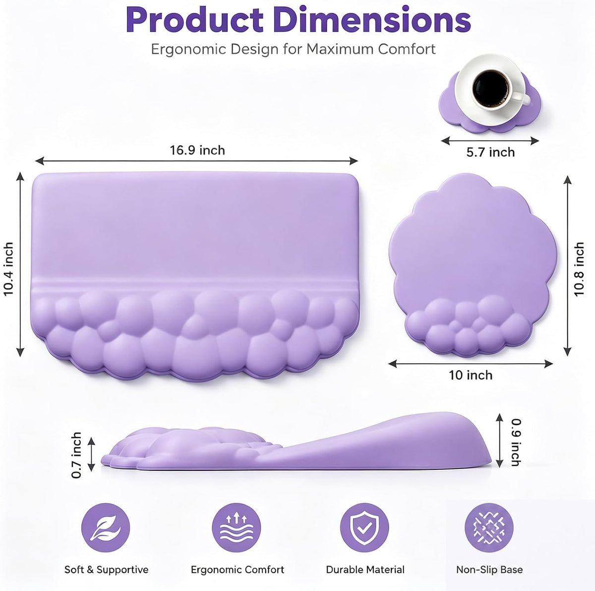 Cloud Keyboard Wrist Rest Set, 3 in 1 Ergonomic Memory Foam Keyboard Stand Pad with Mouse Wrist Support & Cup Holder, Anti-Slip Desk Cushion for Office Gaming Typing Pain Relief, Purple