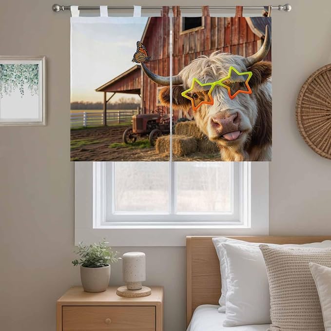 Farm Yaks Kitchen Curtains 45 Inch Length, Short Cafe Window Curtains Tab Top