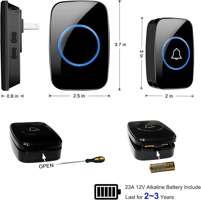 Wireless Doorbell, Waterproof Door Bell Kit, Distinguish Front and Rear Doors