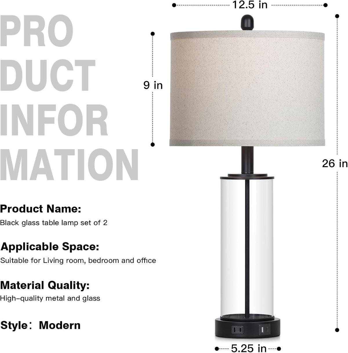 26" Black Glass Table Lamps Set of 2, 3-Way Dimmable Touch Control Living Room Lamp with USB C+A Ports & AC Outlet, Modern Bedside Lamps, Elegant Bedroom Lamps for Nightstand Side End Table Desk