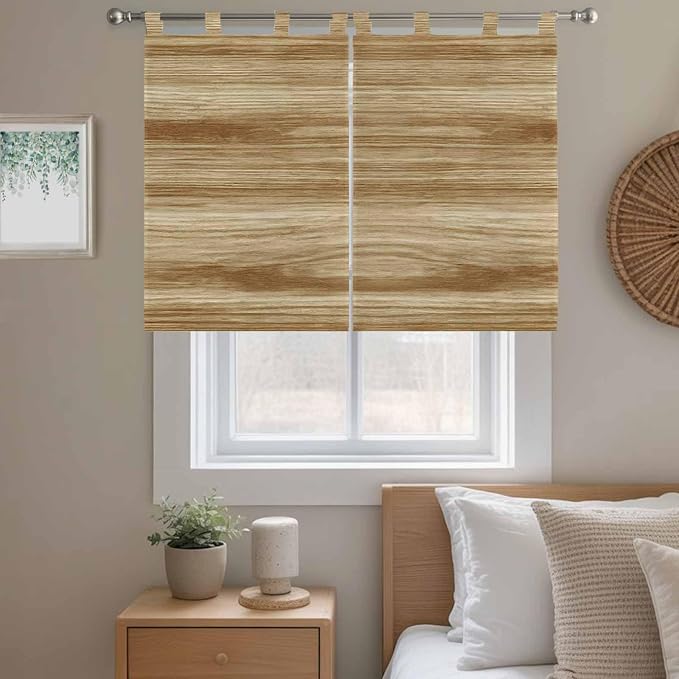Light Brown Wood Grain Kitchen Curtains 45 Inch Length, Short Cafe Window
