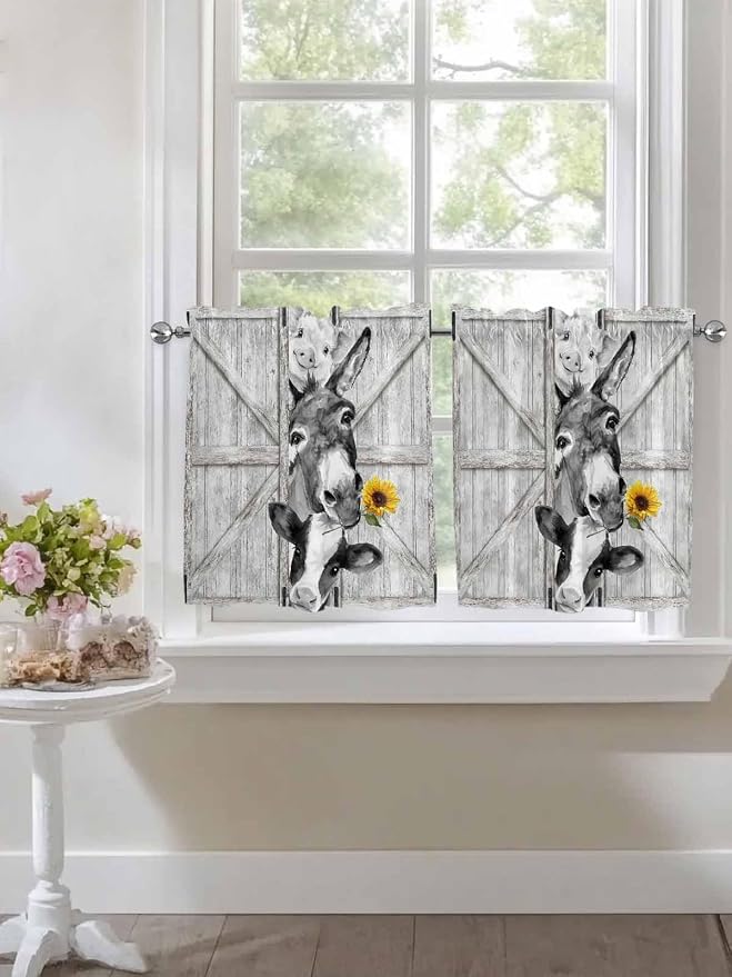 Grey Farmhouse Half Window Curtain 36 Inches Long, Vintage Sunflowers Animals