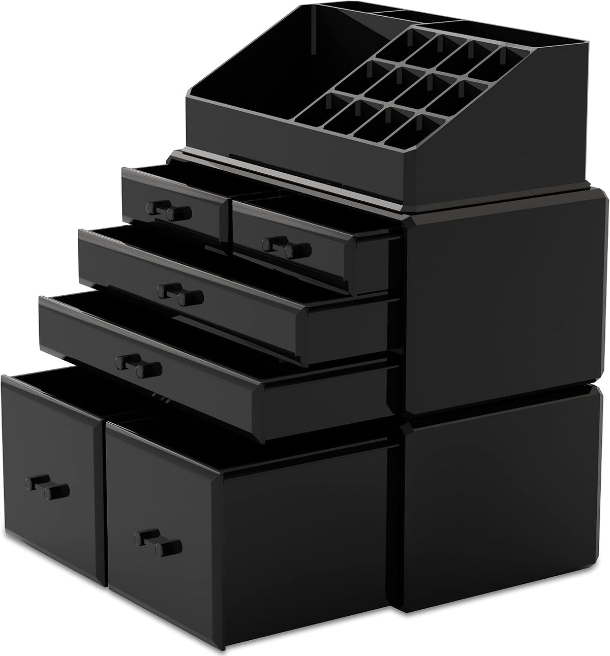 READAEER Makeup Organizer 3 Pieces Cosmetic Storage Case with 6 Drawers (Black)