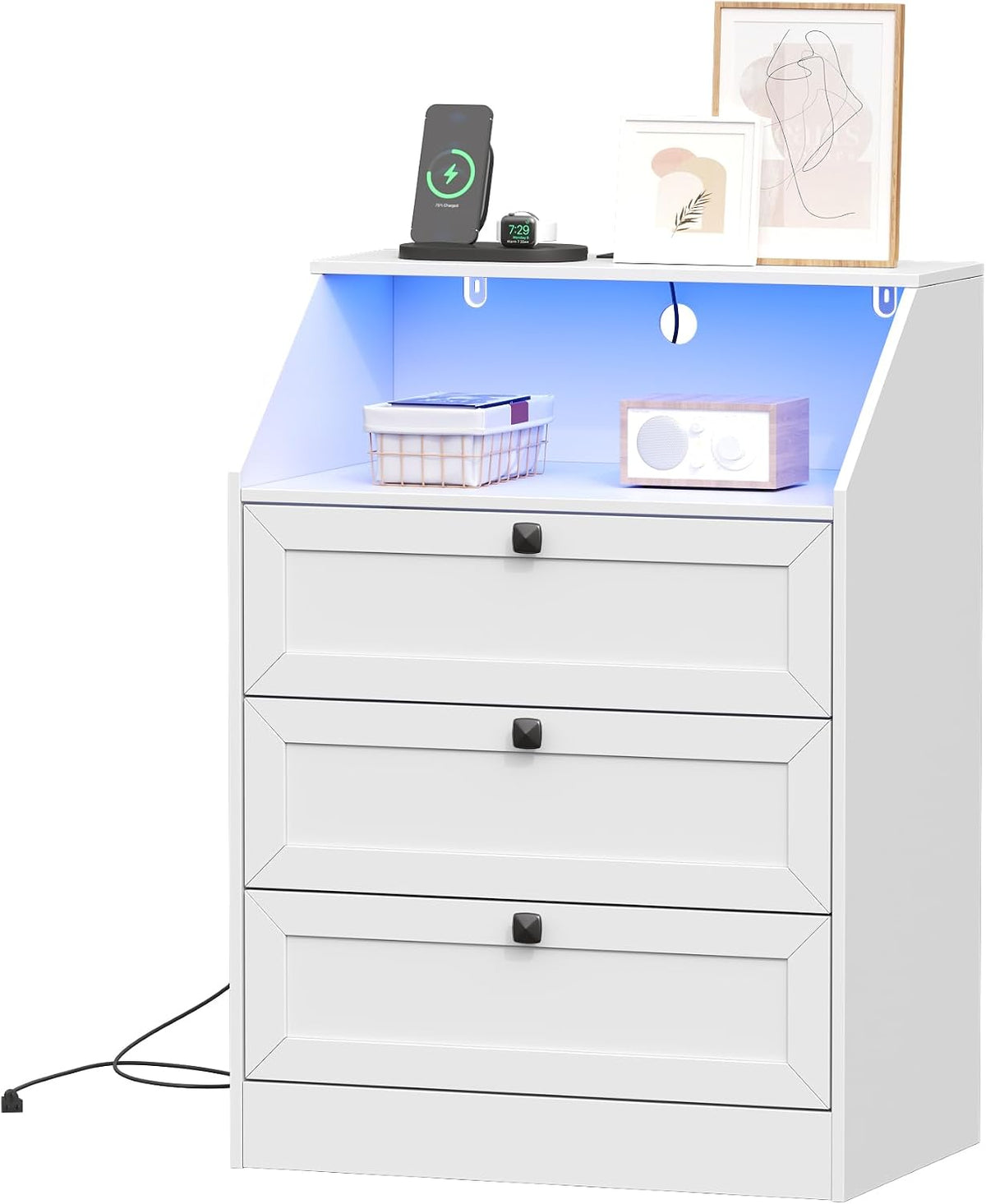 Wodeer White Dresser 3 Drawer Nightstand, Wood Night Stand with LED Lights, Charging Station, Metal Handles, Modern Storage Cabinet and Organizer Drawers for Living Room, Hallway