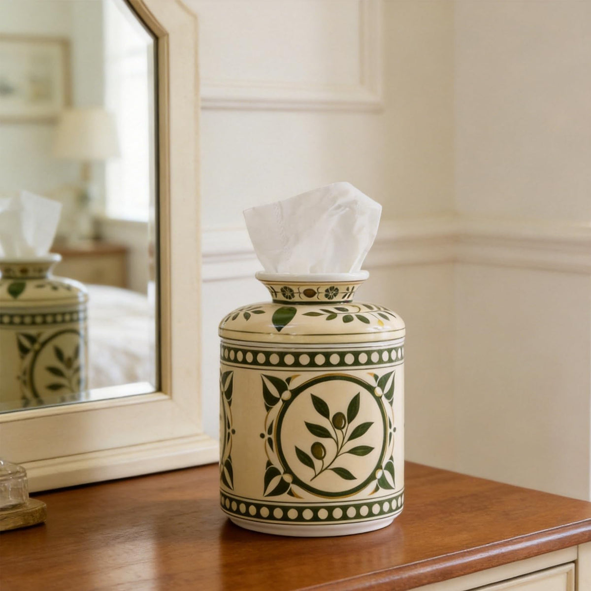 Ceramic Modern Tissue Box Cover,Round 6.7" Tissue Box Holder Dispenser,Tissues Organizer for Home Office Nightstand Vanity Housewarming-Olive Branch