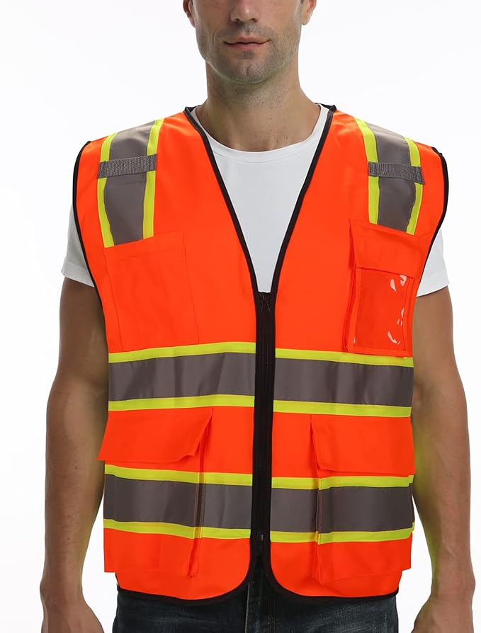 9 Pockets High visibility Class 2 Safety Vest,Hi Vis Vest with 2 inch wide Reflective Strips security vest with Zipper construction work vest for men &women Orange,2XL