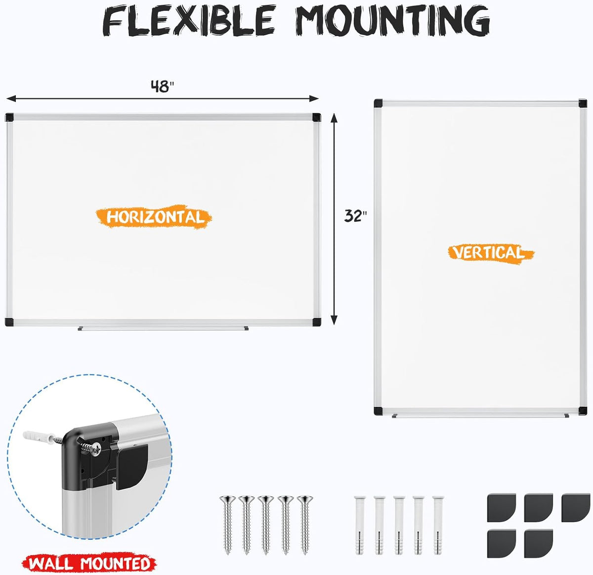 NEWBULIG White Board, 48" x 32" Magnetic Dry Erase Board for Wall with 1 Dry Eraser & 2 Multi-Color Markers & 4 Magnetic Pins, Silver Aluminum Frame for Office, Home, School
