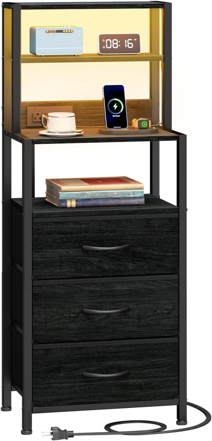 Furnulem Night Stand, Tall Nightstand with Charging Station for Bedroom