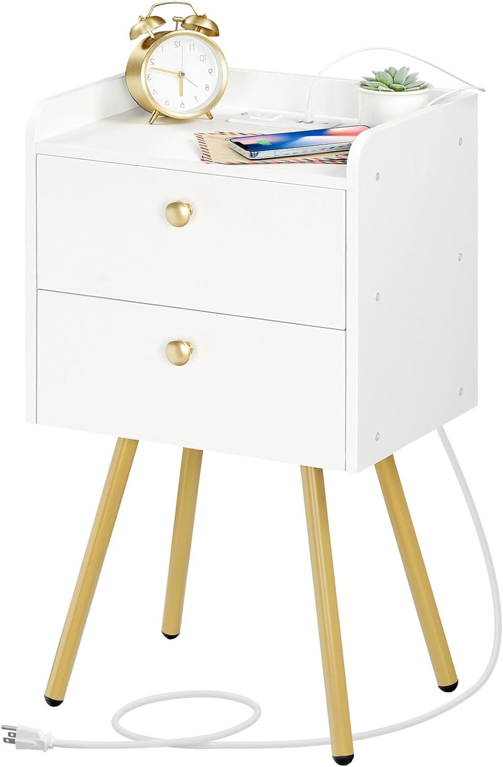 HOOBRO White Nightstand with Charging Station, Modern End Table