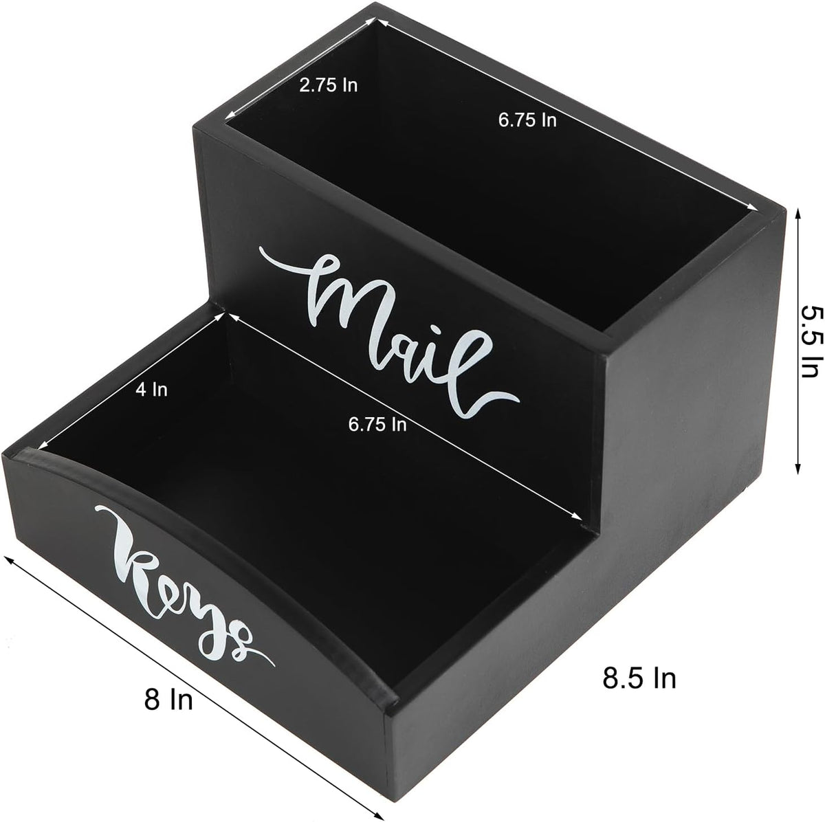 Rustic Black Torched Wooden Key Mail Organizer Word Front Label Table Top Organizing Bin Wood Countertop Desktop Cellphone Wallet Stationery Jewelry Storage Tray Entryway Home Office Farmhouse