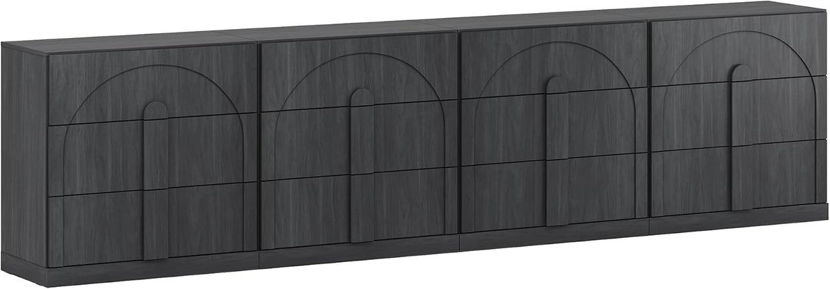 BELLEZE Sideboard Cabinet with 3 Drawers, Set of 4 Modern Wood Buffet Cabinet with Arc Design, Large Fluted Sideboard with Storage for Kitchen Living Room Entryway, Ebony
