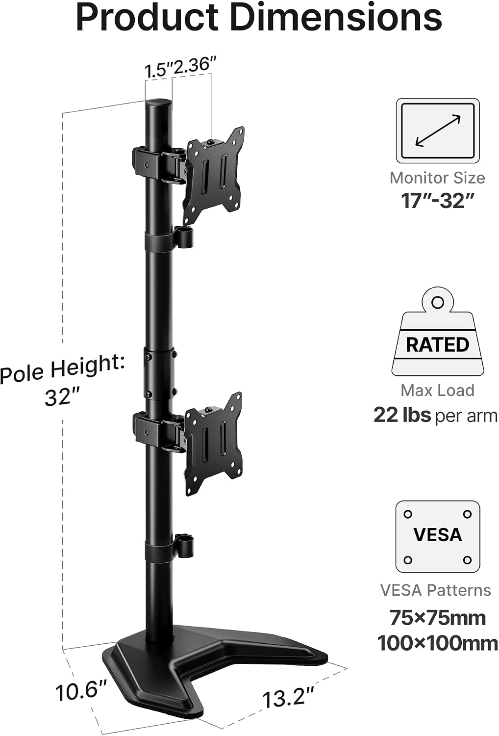 monTEK Freestanding Stacked Dual Monitor Stand for 17-32", 22 lbs Each
