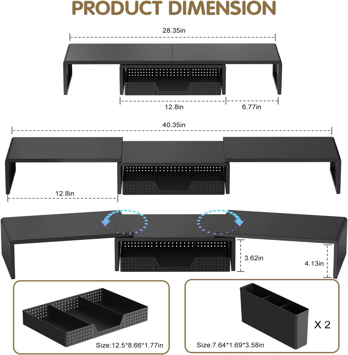 LEKETREE Dual Monitor Stand Riser with Drawer and 2 Pen Holders, Black