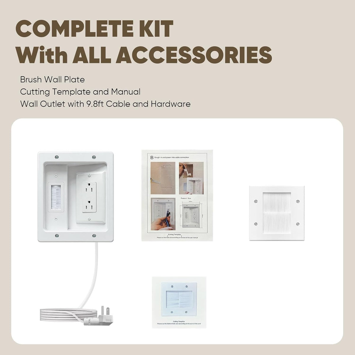 in Wall TV Cable Management Kit with Brush Wall Plate TV Cable Hider Wall Kit-9.8FT Cord, UL Listed, Recessed Dual AC Outlets Box for Wall-Mounted TV and Home Theater