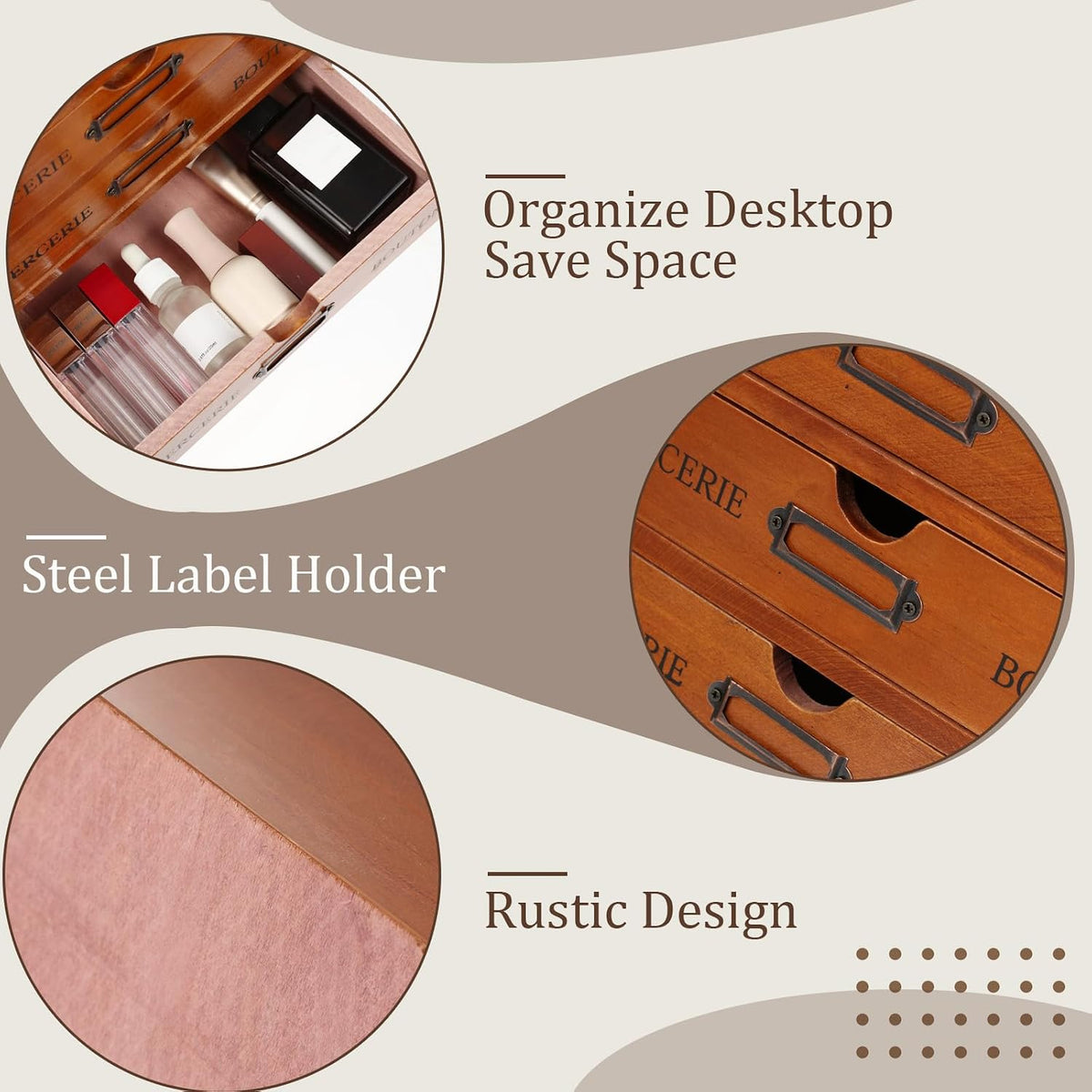 Wesiti Wooden Desk Organizer, 3 Drawers, Vintage Makeup Cabinet, Brown