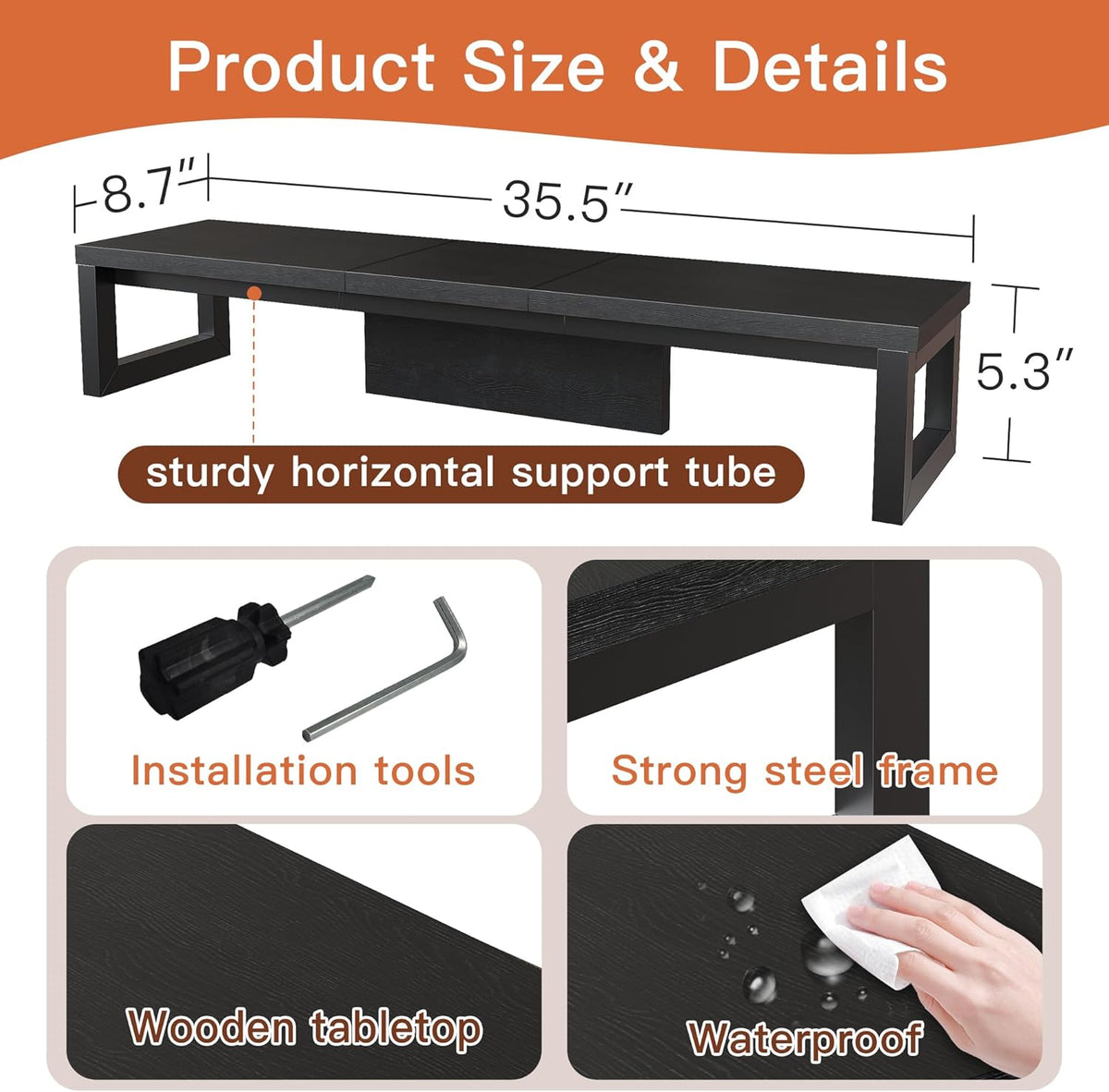 Dual Monitor Stand Riser, Wood and Steel Monitor Stand for Desk, Multi-Purpose Desk Shelf Organizer for Computer, Laptop, Printer, TV, Black