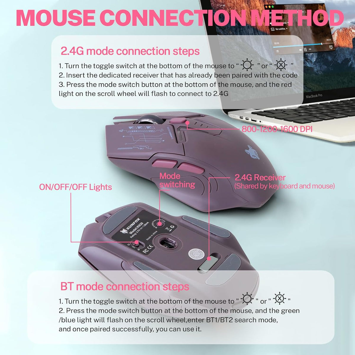75 % Wireless Gaming Keyboard and Mouse Combo, Tri-Mode BT5.0/2.4GHz/USB-C, RGB Backlit Keyboard + 3D 1600DPI Mice, 2000mAh Battery, 80 Keys, Knob Volume Control (Gradient Pink)
