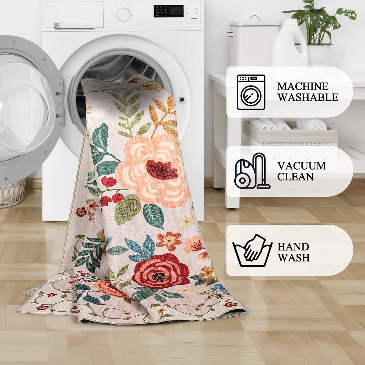 DUKINO 4x6 Area Rug, Floral Washable Rug Non Slip Office Chair Mat, Beige