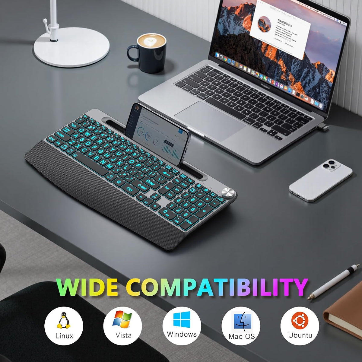 JOYACCESS Large Print Backlit Wireless Keyboard with Phone Holder,Wrist Rest and Volume Knob for Laptop, PC, Mac, Window