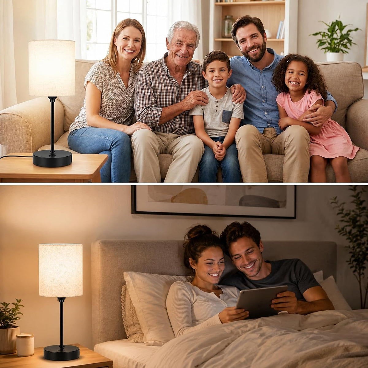 BySea Bedside Table Lamp with Clock, Remote, Touch On/Off, USB & AC Outlet